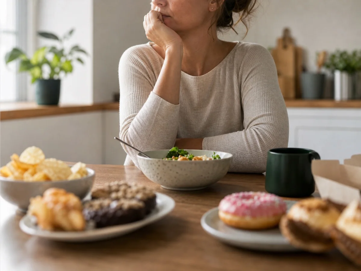 Person at a kitchen table weighing food choices