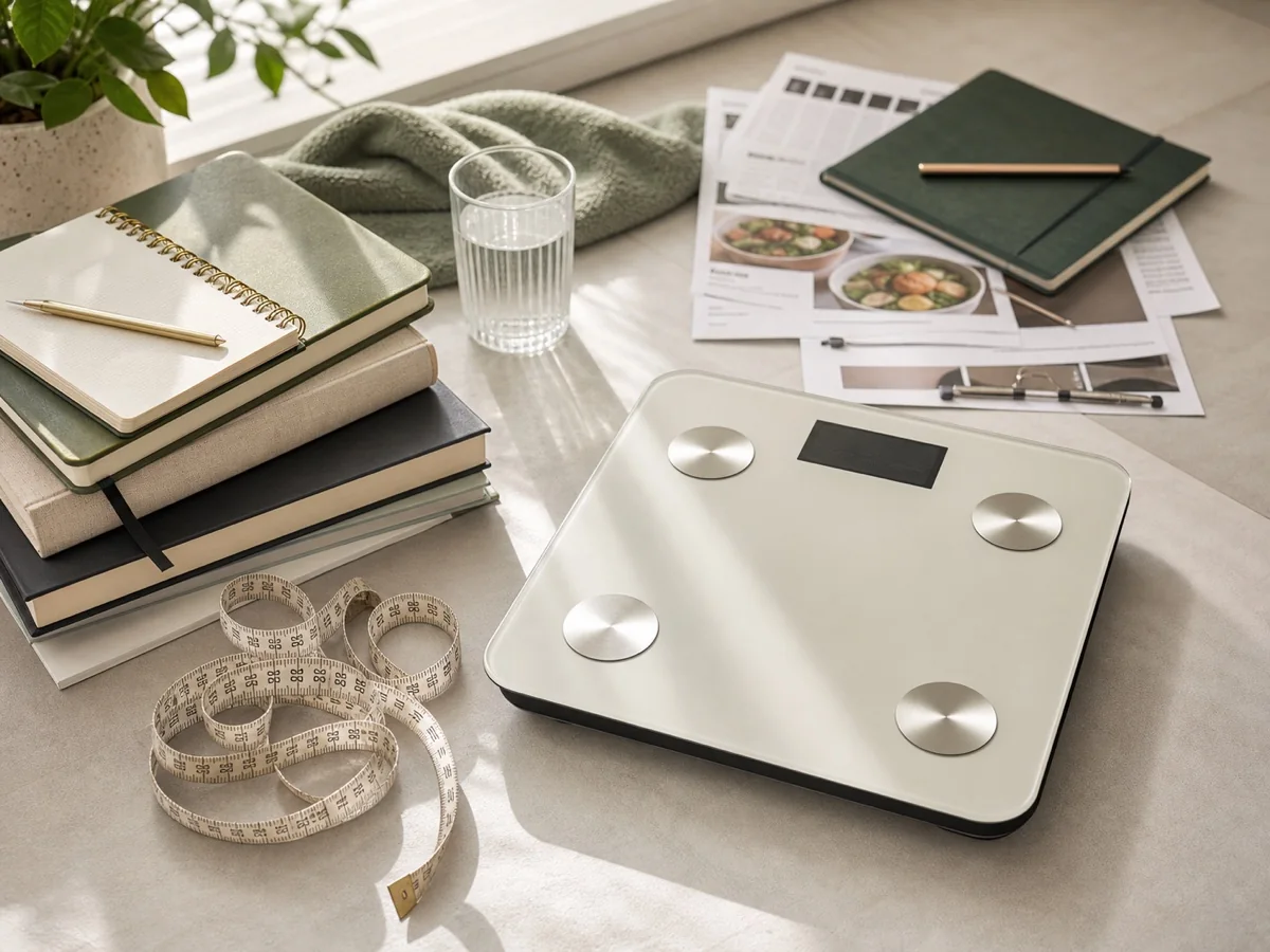 Scale, measuring tape, and planning materials on a clean floor